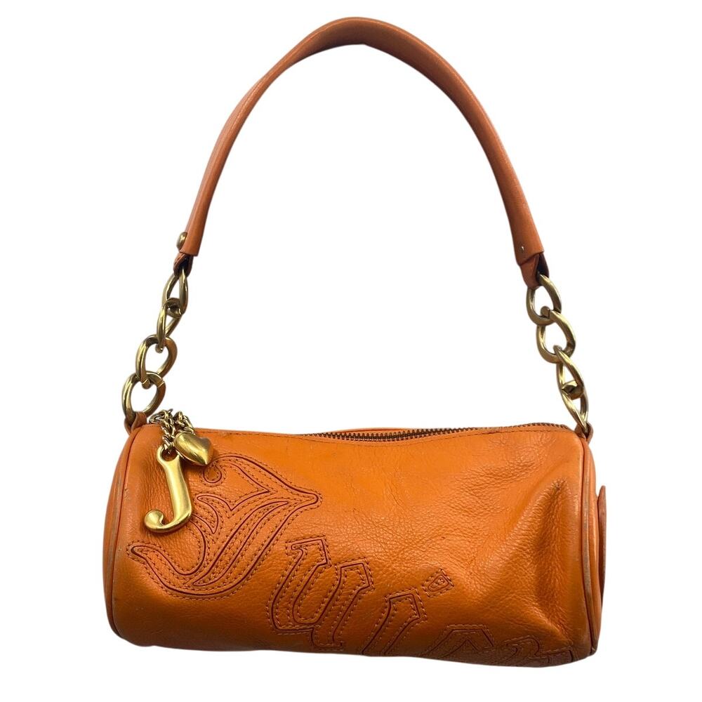 Vintage Y2k Juicy Couture Barrel Shoulder Bag Purse Leather Orange Logo Charm
